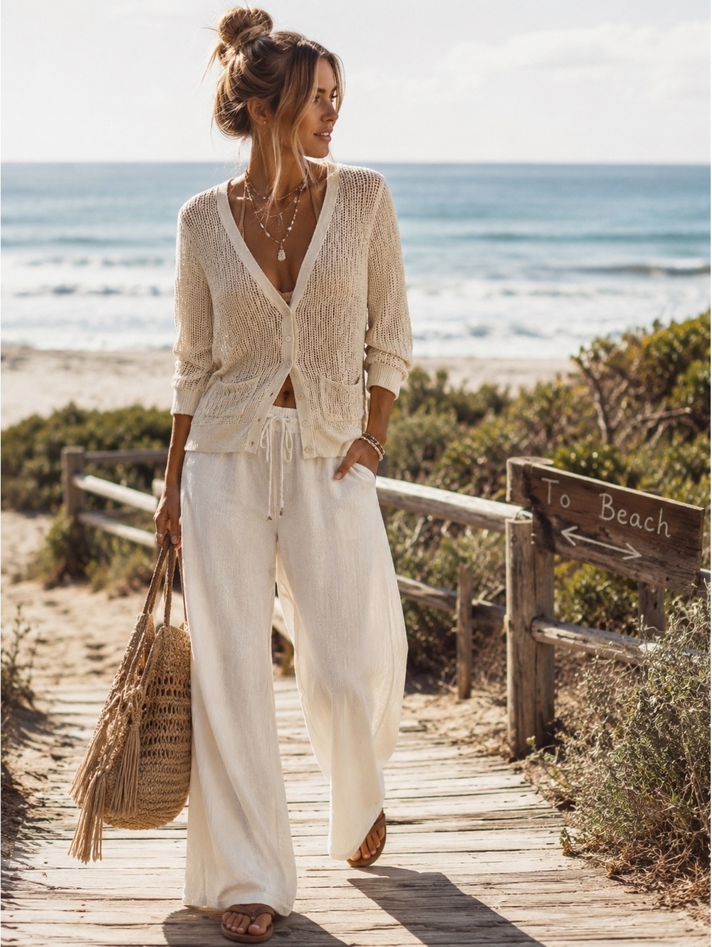 Free People Beach Open Knit Cardigan M White Boho Coastal Beach Cover-up